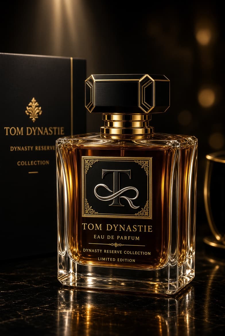 A Tom Dynastie Eau de Parfum bottle with black and gold detailing on dark marble